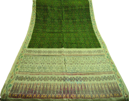 Indian Vintage Green & Cream Pure Silk Saree Hand Embroidered Woven Ikat Patola Indian Sari Fabric 5Yard Craft Ethnic Premium Saree Zari