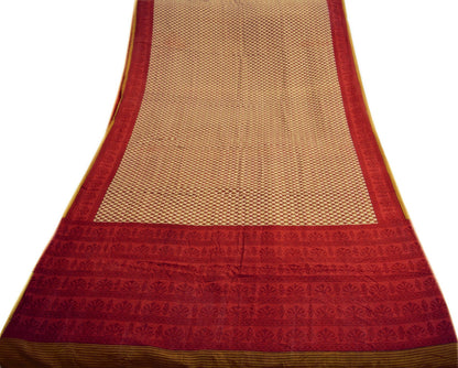 Vintage Sari Red & Beige 100% Pure Silk Printed Saree Fabric 5yard Sewing Soft Dress Designing for Crafting Paisley