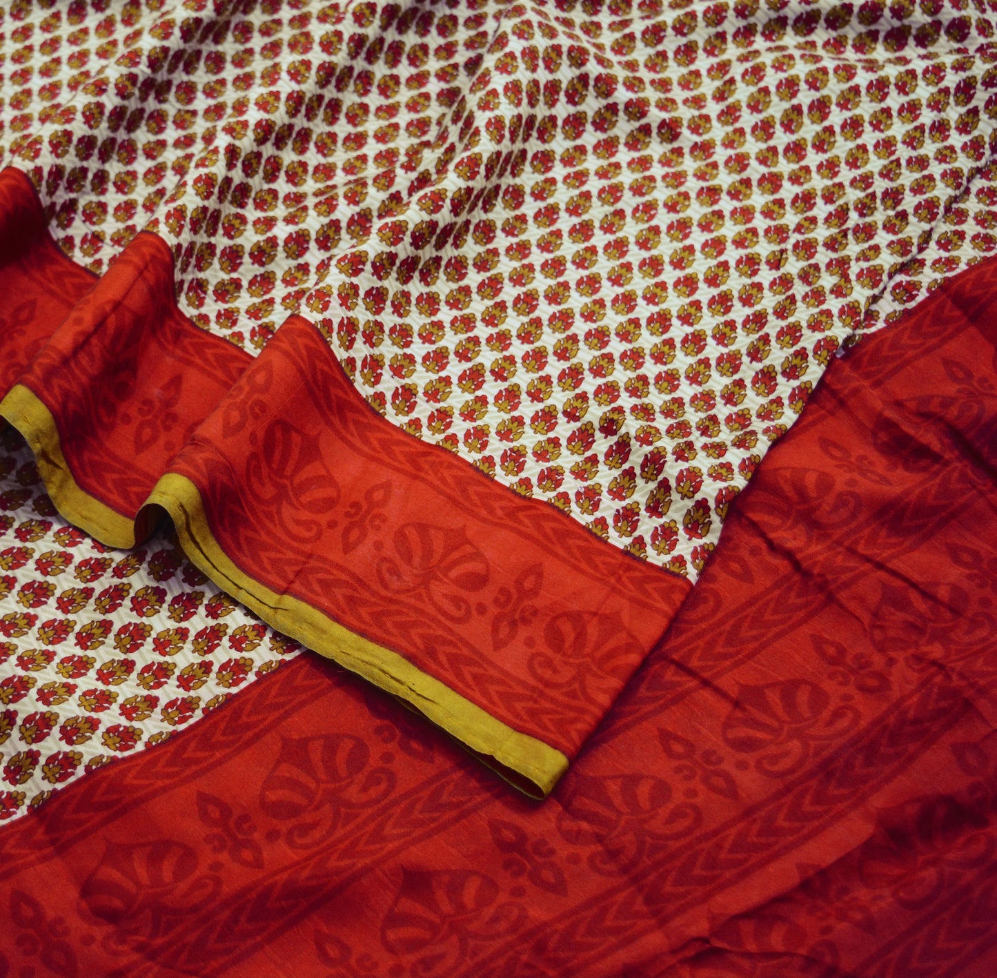 Vintage Sari Red & Beige 100% Pure Silk Printed Saree Fabric 5yard Sewing Soft Dress Designing for Crafting Paisley