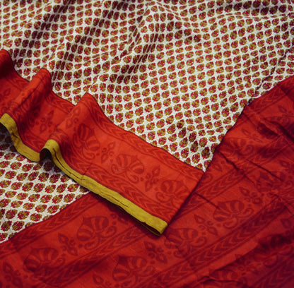 Vintage Sari Red & Beige 100% Pure Silk Printed Saree Fabric 5yard Sewing Soft Dress Designing for Crafting Paisley