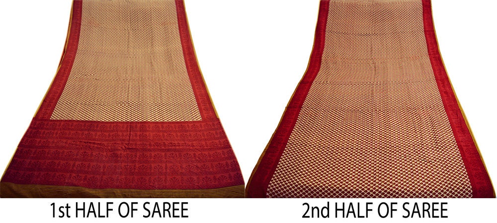 Vintage Sari Red & Beige 100% Pure Silk Printed Saree Fabric 5yard Sewing Soft Dress Designing for Crafting Paisley
