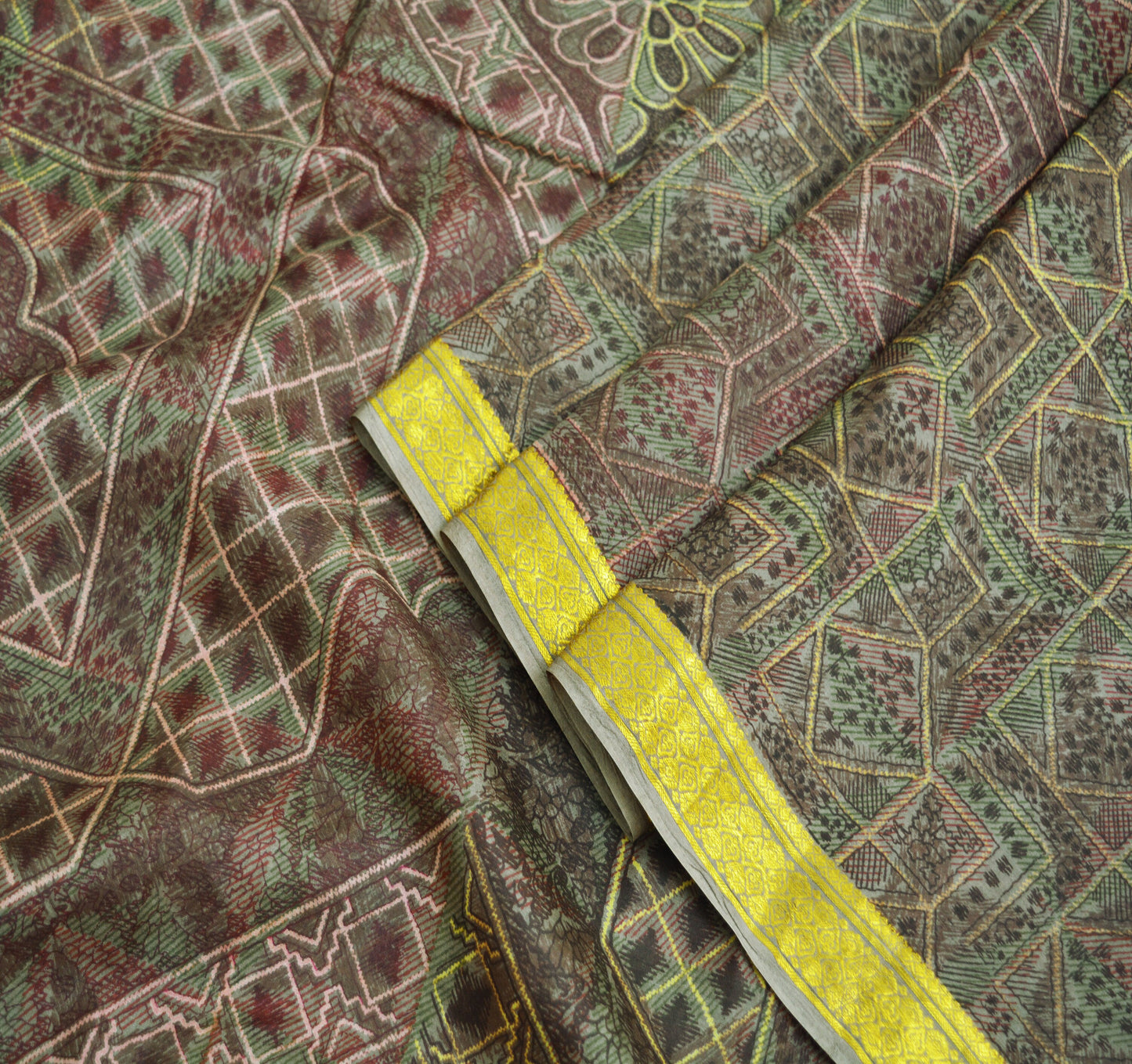 Indian Vintage Sari Brown Pure Silk Printed Saree Craft Fabric 6yard Sewing DressMaking Soft Wrap Abstract Zari