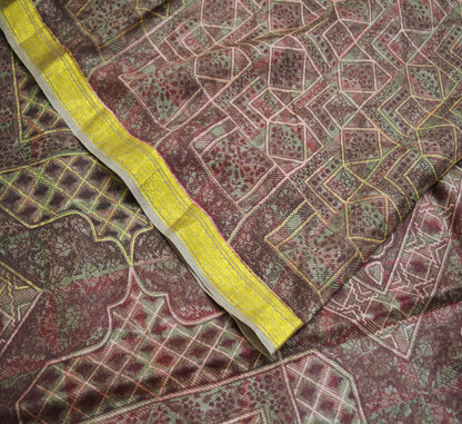 Indian Vintage Sari Brown Pure Silk Printed Saree Craft Fabric 6yard Sewing DressMaking Soft Wrap Abstract Zari