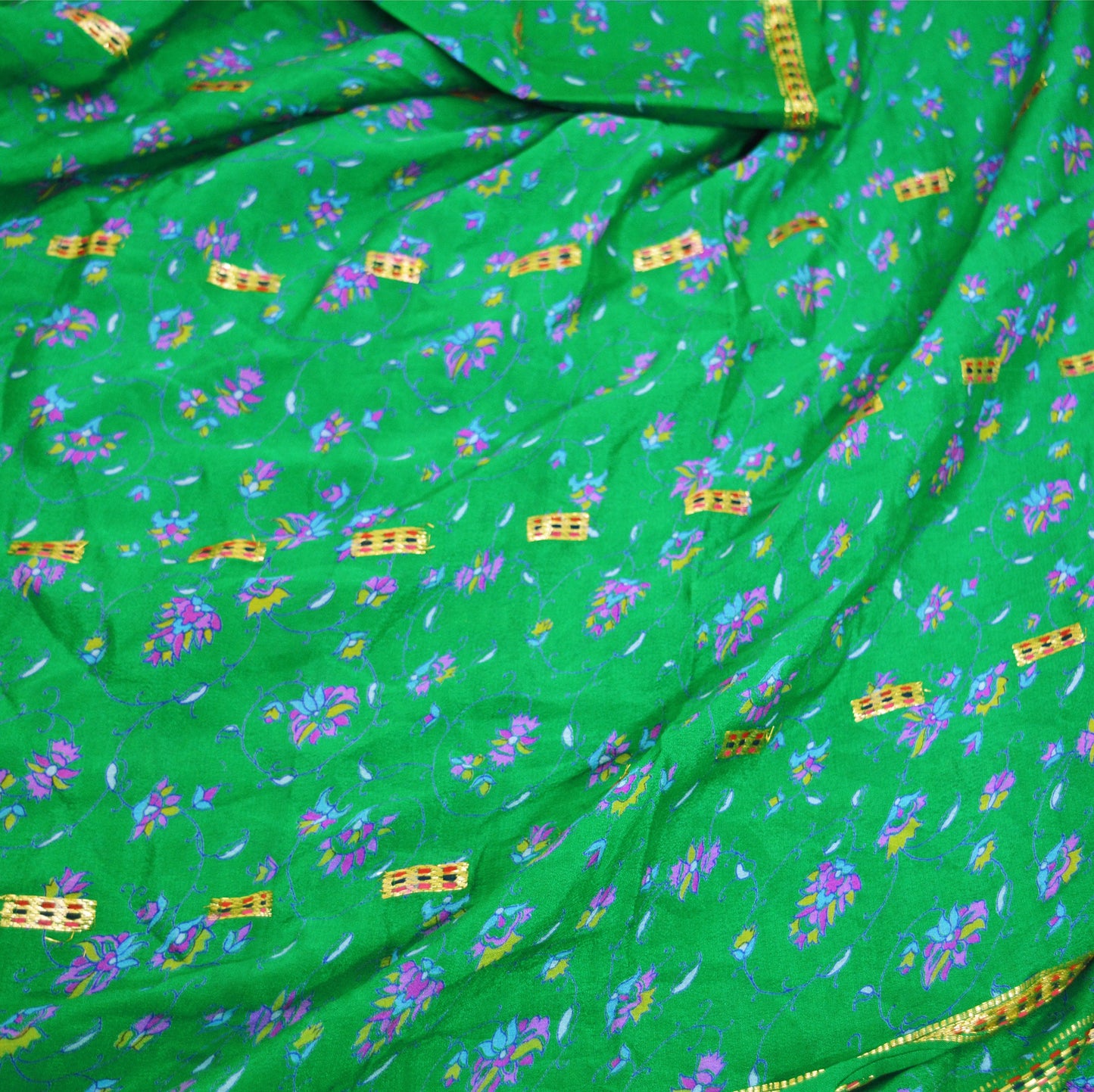 Indian Vintage Sari Green Pure Silk Printed Saree  5yard Sewing Craft Fabric DressMaking Soft Golden Zari