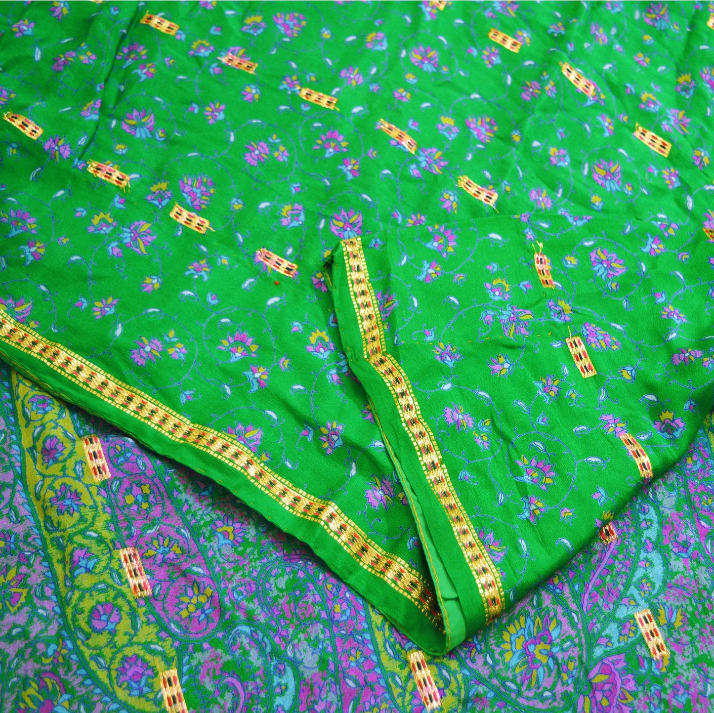 Indian Vintage Sari Green Pure Silk Printed Saree  5yard Sewing Craft Fabric DressMaking Soft Golden Zari