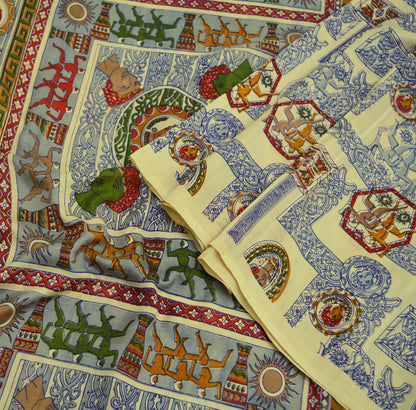 Indian Vintage Sari Ivory 100% Pure Silk Printed Saree Fabric 6yard Sewing Craft DressMaking  Soft Humans