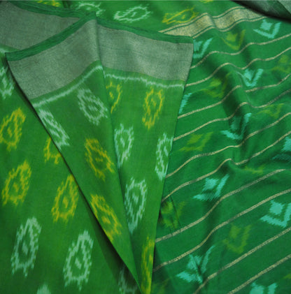 Indian Vintage Greenn Pure Silk Hand Woven Ikat Saree Indian Sari Craft Fabric 5Yard Zari Ethnic Premium Saree