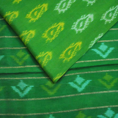 Indian Vintage Greenn Pure Silk Hand Woven Ikat Saree Indian Sari Craft Fabric 5Yard Zari Ethnic Premium Saree