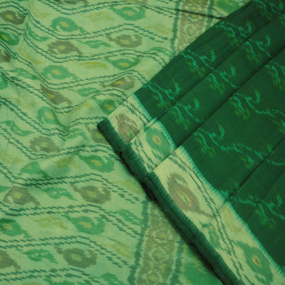 Indian Vintage Green & Cream Pure Silk Hand Woven Ikat Saree Indian Sari Fabric 5Yard Craft Ethnic Premium Saree