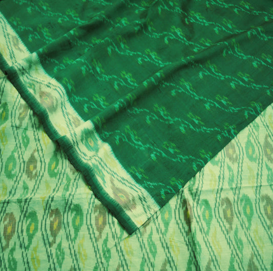 Indian Vintage Green & Cream Pure Silk Hand Woven Ikat Saree Indian Sari Fabric 5Yard Craft Ethnic Premium Saree