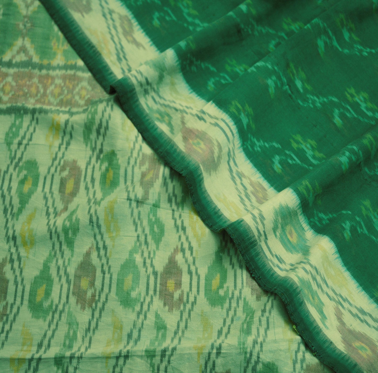 Indian Vintage Green & Cream Pure Silk Hand Woven Ikat Saree Indian Sari Fabric 5Yard Craft Ethnic Premium Saree