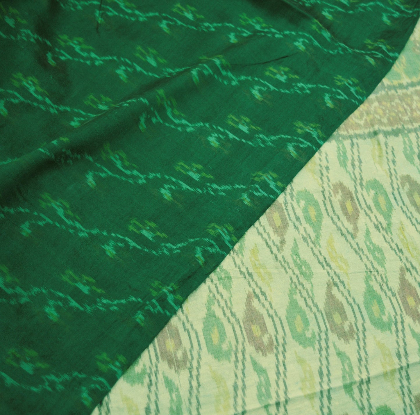 Indian Vintage Green & Cream Pure Silk Hand Woven Ikat Saree Indian Sari Fabric 5Yard Craft Ethnic Premium Saree