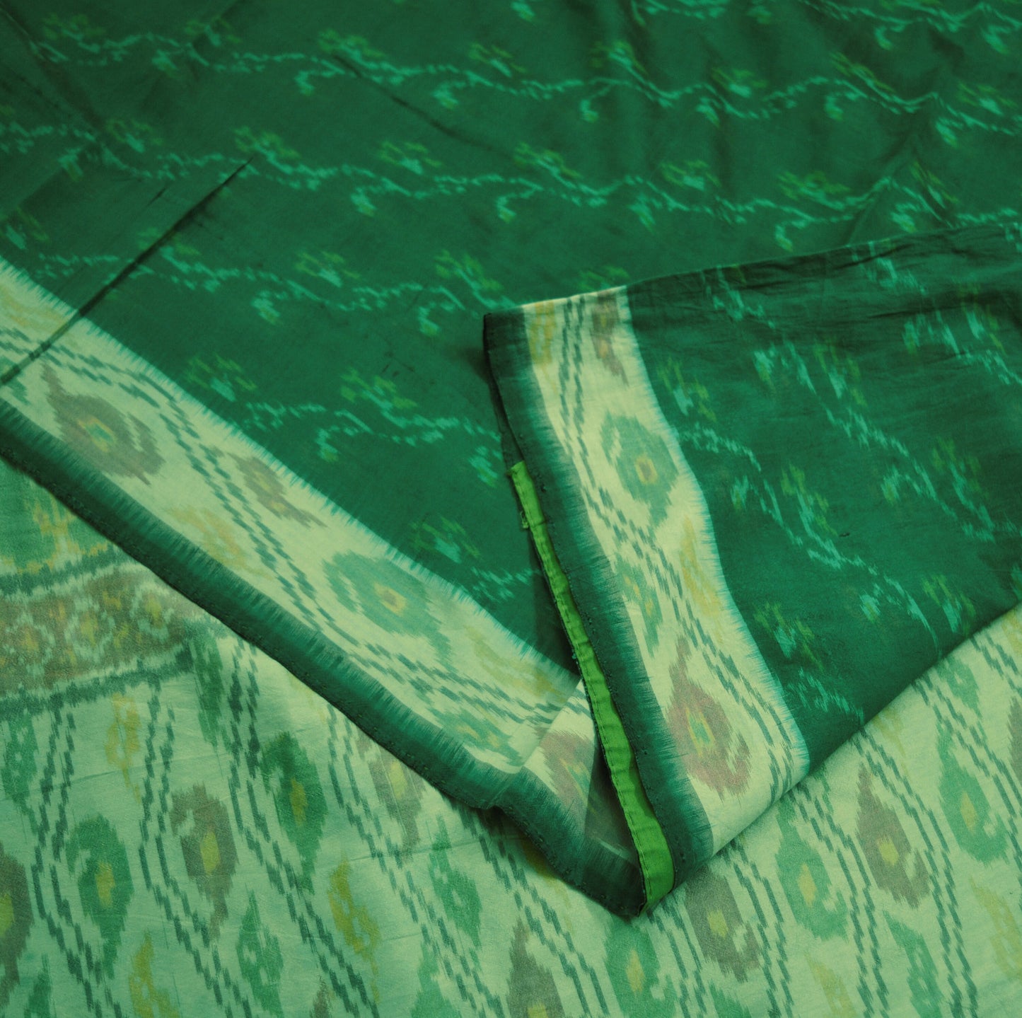 Indian Vintage Green & Cream Pure Silk Hand Woven Ikat Saree Indian Sari Fabric 5Yard Craft Ethnic Premium Saree