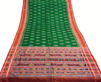 Vintage Red & Green Hand woven Sambalpuri Ikat Saree Pure Silk Indian Sari Fabric 5Yd Ethnic Chackra Border Indian Sari