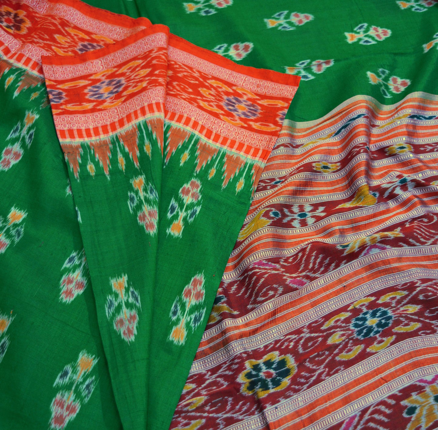 Vintage Red & Green Hand woven Sambalpuri Ikat Saree Pure Silk Indian Sari Fabric 5Yd Ethnic Chackra Border Indian Sari