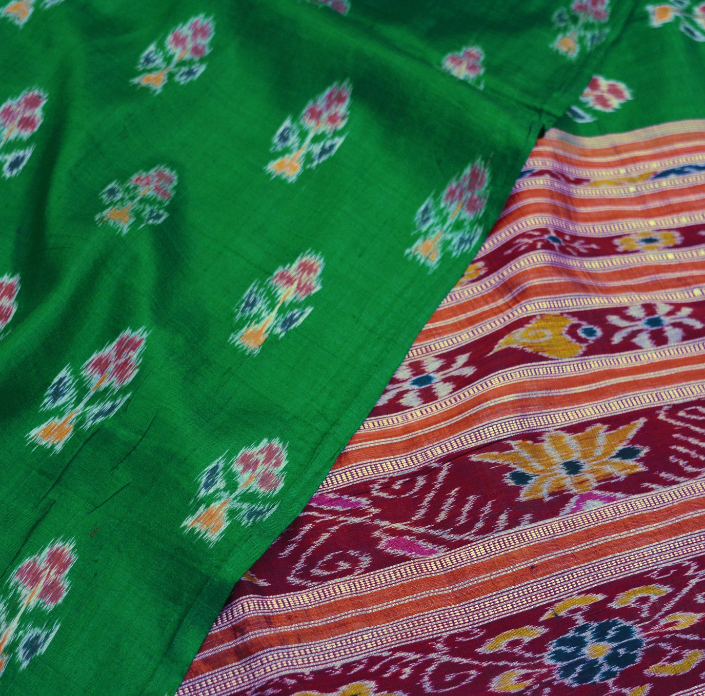 Vintage Red & Green Hand woven Sambalpuri Ikat Saree Pure Silk Indian Sari Fabric 5Yd Ethnic Chackra Border Indian Sari