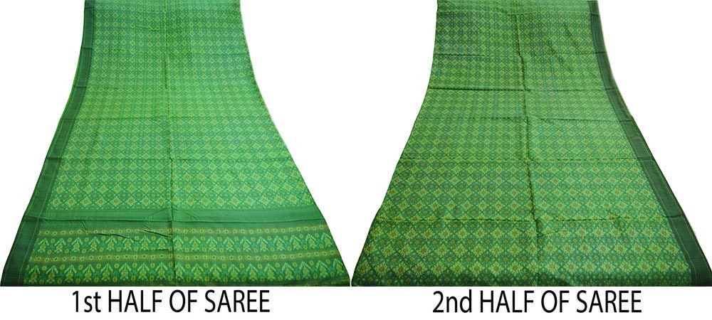 Indian Vintage Green Pure Silk Hand Woven Ikat Saree Indian Sari Fabric 5Yard Craft Ethnic Premium Saree