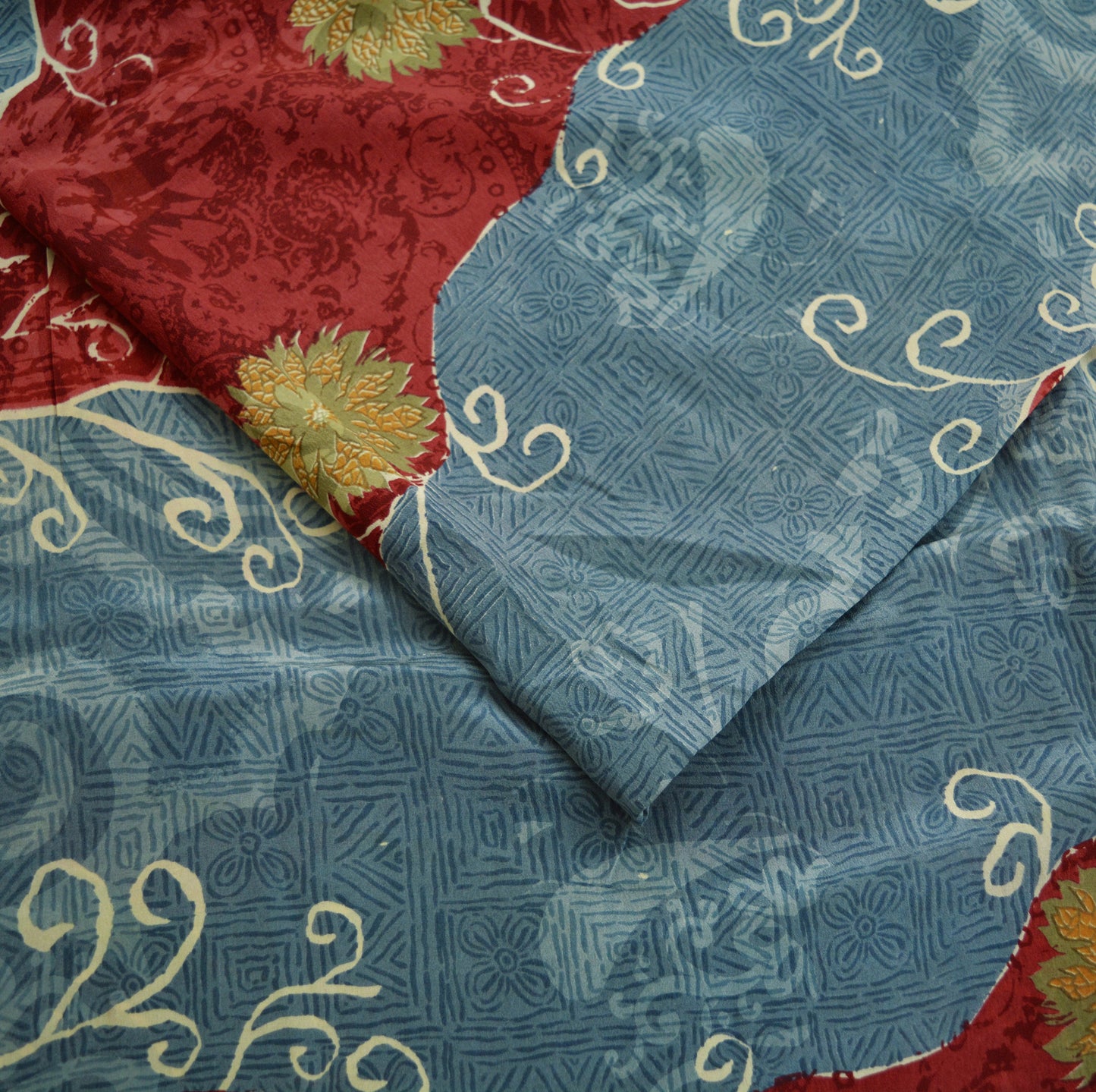 Indian Vintage Sari Red & Gray Pure Crepe Silk Printed Saree 5yard Sewing Floral Soft Craft Fabric Wrap