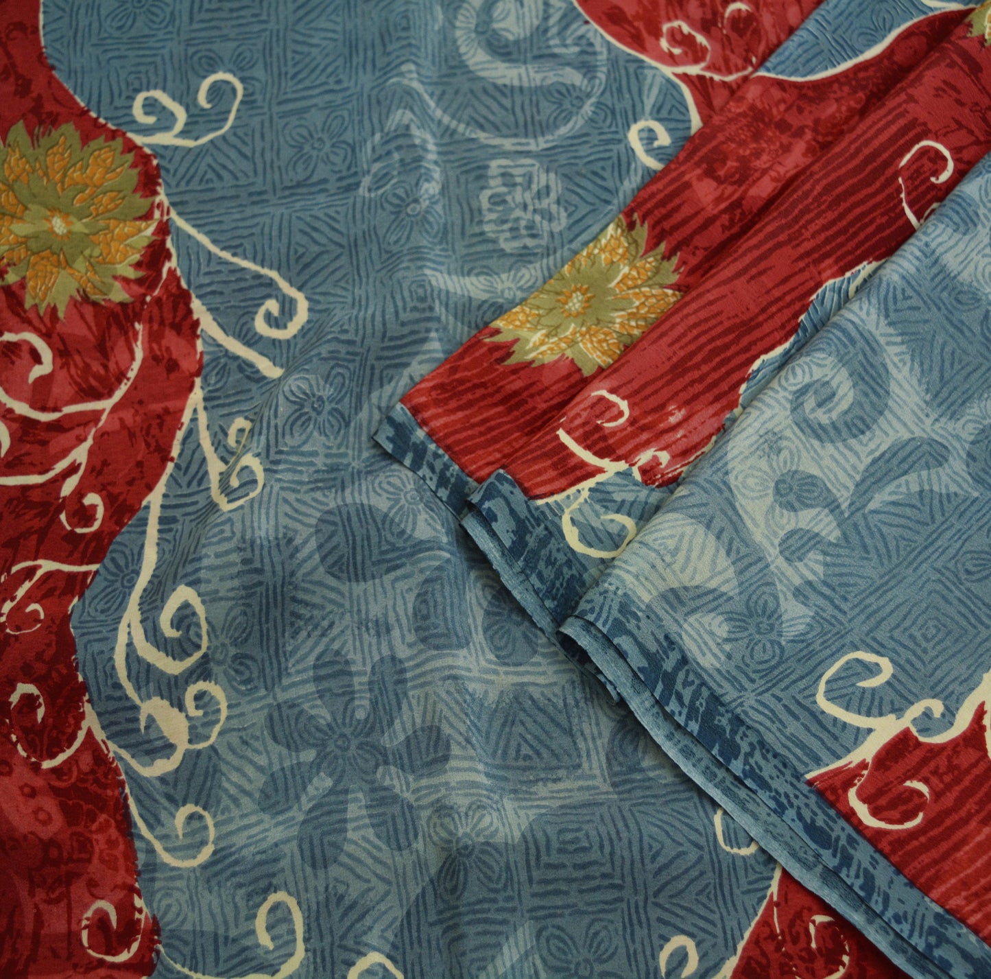 Indian Vintage Sari Red & Gray Pure Crepe Silk Printed Saree 5yard Sewing Floral Soft Craft Fabric Wrap