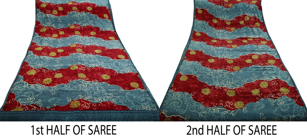 Indian Vintage Sari Red & Gray Pure Crepe Silk Printed Saree 5yard Sewing Floral Soft Craft Fabric Wrap