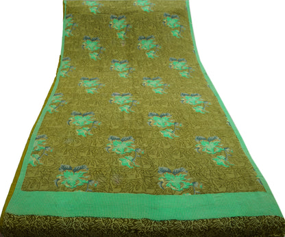 Indian Vintage Sari Green Pure Crepe Silk Printed Saree 5yard Sewing Floral Soft Craft Fabric Wrap