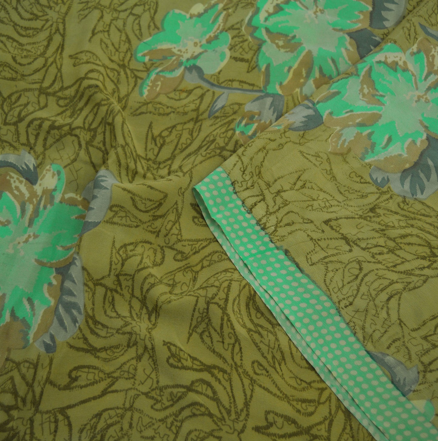 Indian Vintage Sari Green Pure Crepe Silk Printed Saree 5yard Sewing Floral Soft Craft Fabric Wrap