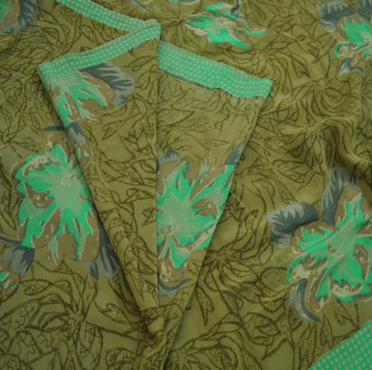 Indian Vintage Sari Green Pure Crepe Silk Printed Saree 5yard Sewing Floral Soft Craft Fabric Wrap