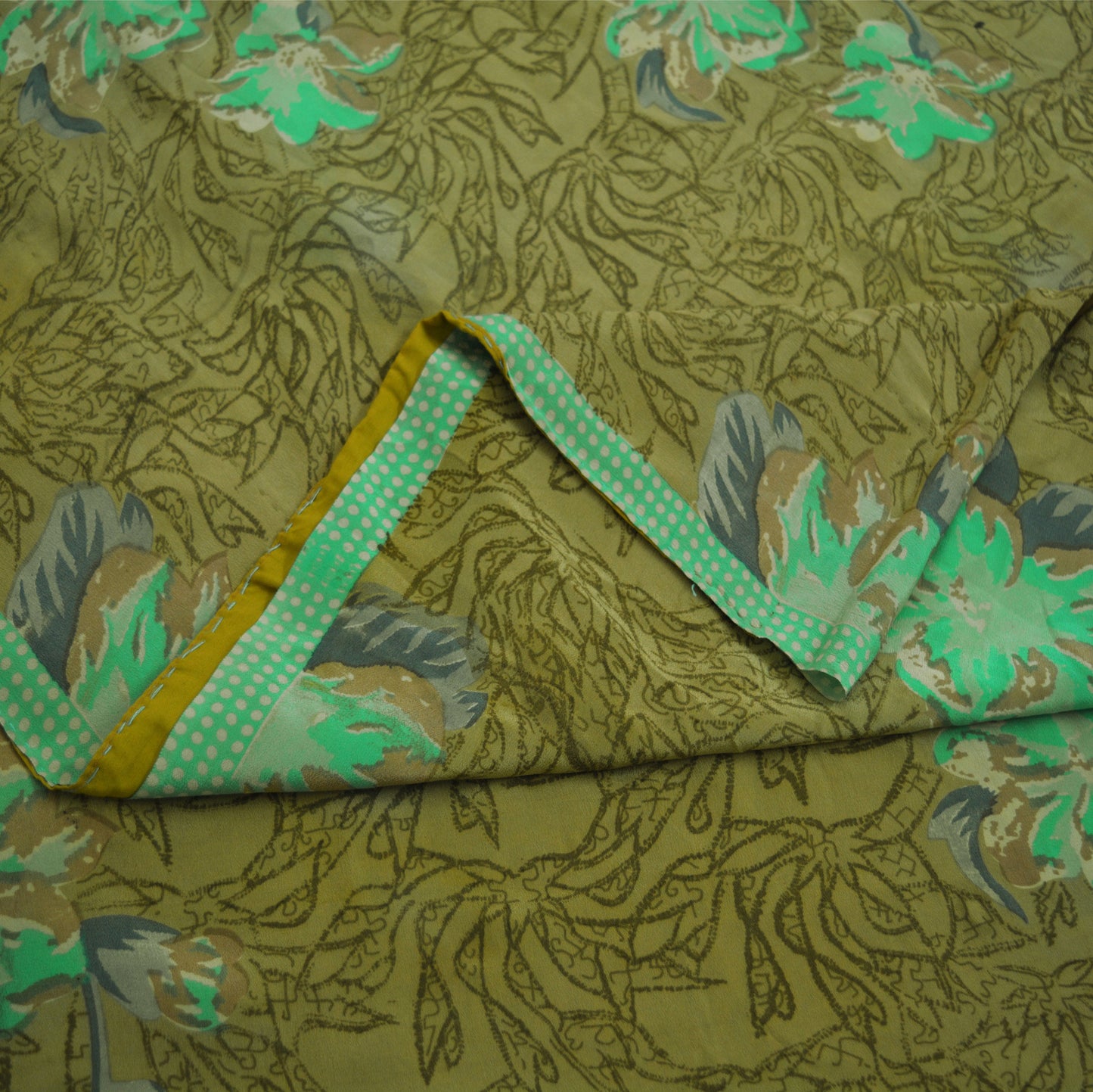 Indian Vintage Sari Green Pure Crepe Silk Printed Saree 5yard Sewing Floral Soft Craft Fabric Wrap