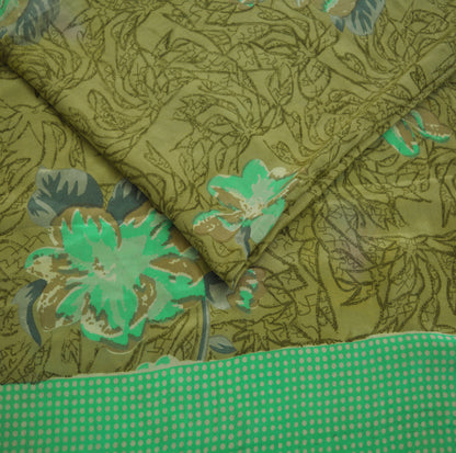 Indian Vintage Sari Green Pure Crepe Silk Printed Saree 5yard Sewing Floral Soft Craft Fabric Wrap