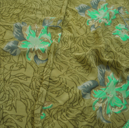 Indian Vintage Sari Green Pure Crepe Silk Printed Saree 5yard Sewing Floral Soft Craft Fabric Wrap