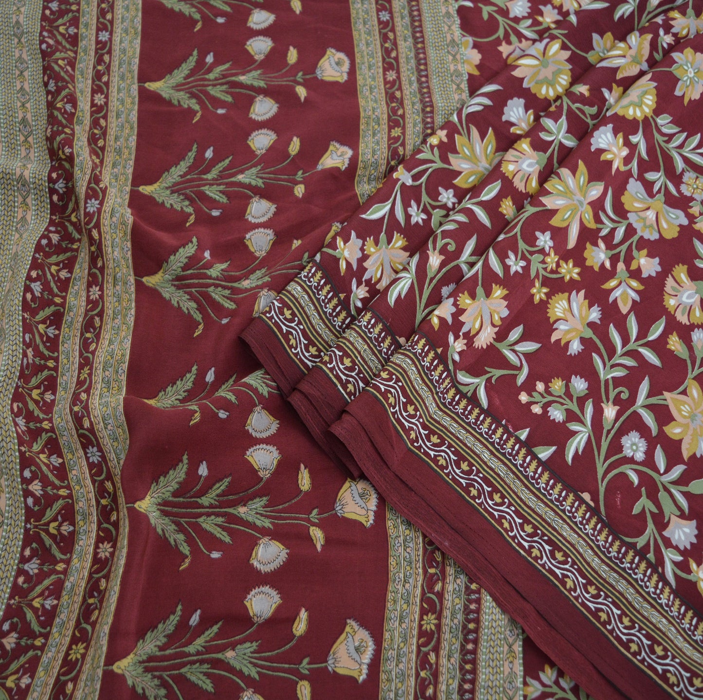 Indian Vintage Sari Dark Red Pure Crepe Silk Printed Saree 5yard Sewing Floral Soft Craft Fabric Ethnic Wrap