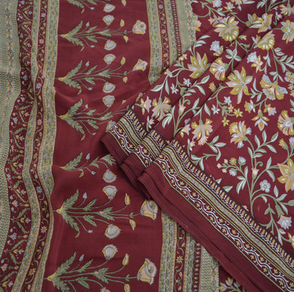 Indian Vintage Sari Dark Red Pure Crepe Silk Printed Saree 5yard Sewing Floral Soft Craft Fabric Ethnic Wrap