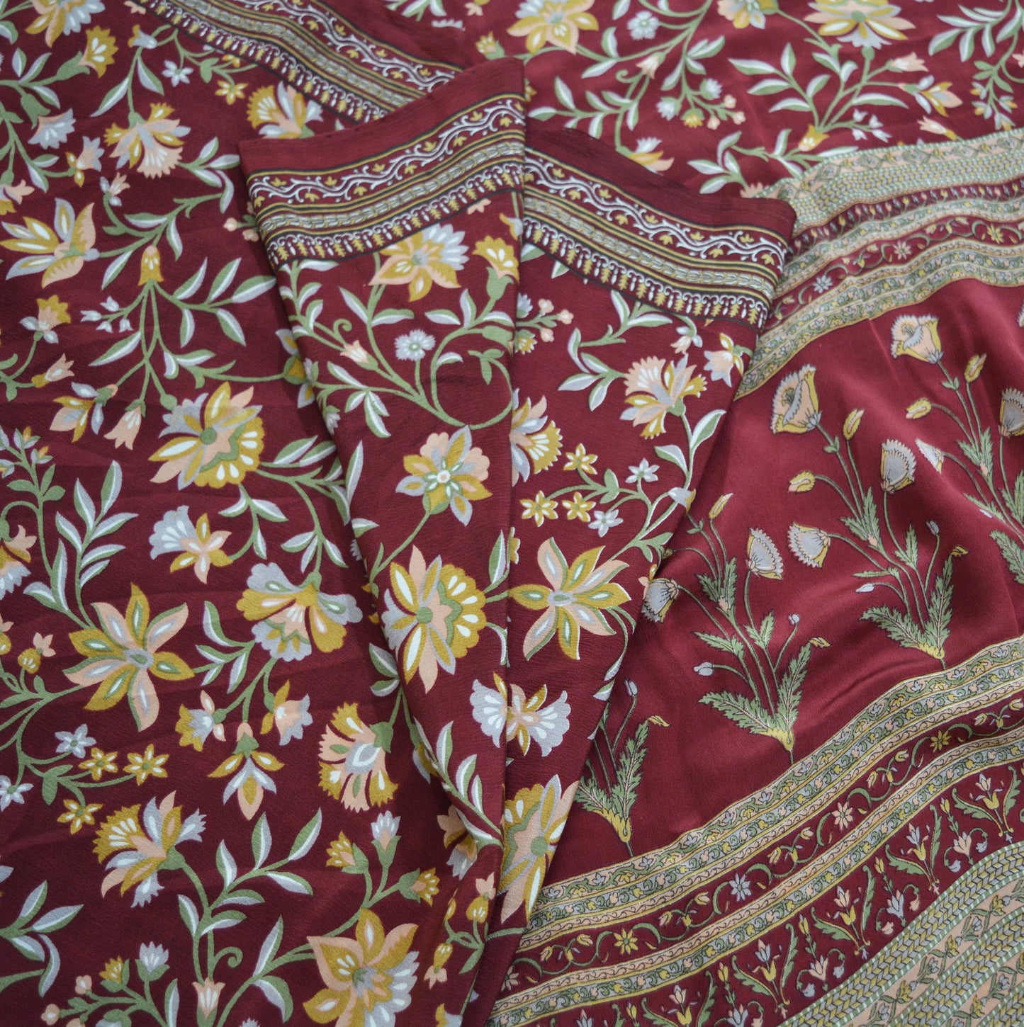 Indian Vintage Sari Dark Red Pure Crepe Silk Printed Saree 5yard Sewing Floral Soft Craft Fabric Ethnic Wrap