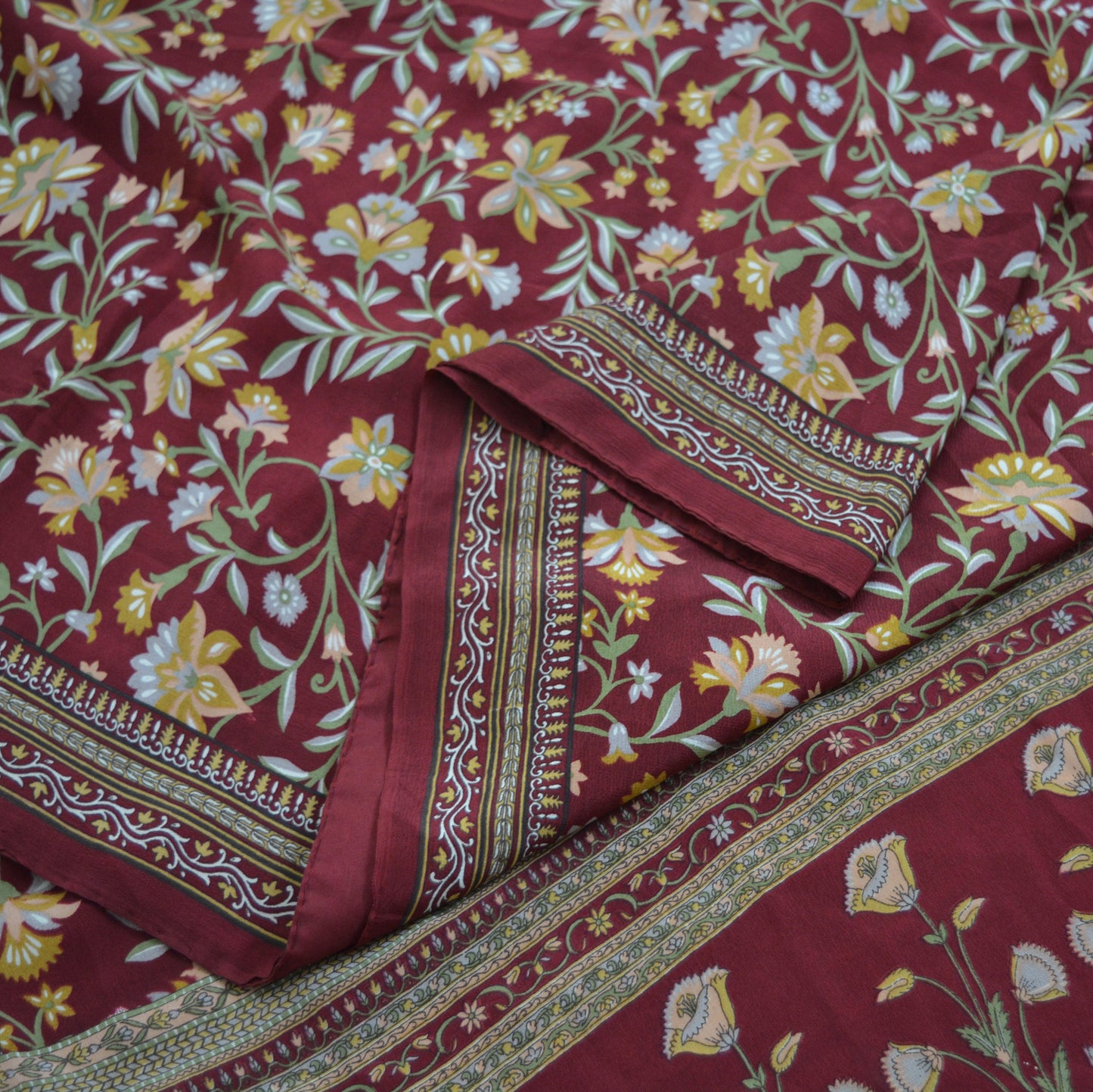 Indian Vintage Sari Dark Red Pure Crepe Silk Printed Saree 5yard Sewing Floral Soft Craft Fabric Ethnic Wrap