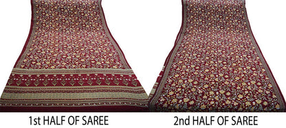 Indian Vintage Sari Dark Red Pure Crepe Silk Printed Saree 5yard Sewing Floral Soft Craft Fabric Ethnic Wrap