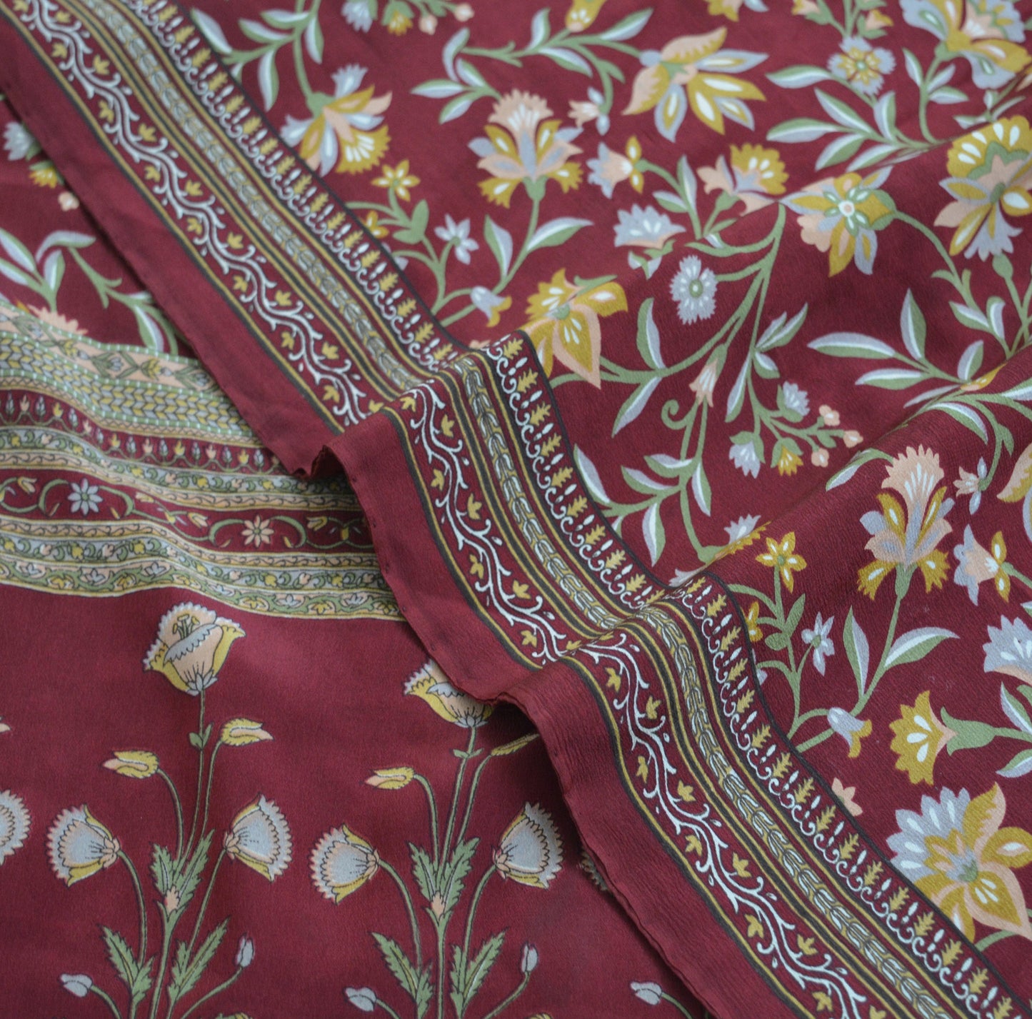 Indian Vintage Sari Dark Red Pure Crepe Silk Printed Saree 5yard Sewing Floral Soft Craft Fabric Ethnic Wrap