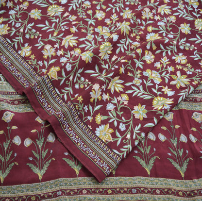 Indian Vintage Sari Dark Red Pure Crepe Silk Printed Saree 5yard Sewing Floral Soft Craft Fabric Ethnic Wrap