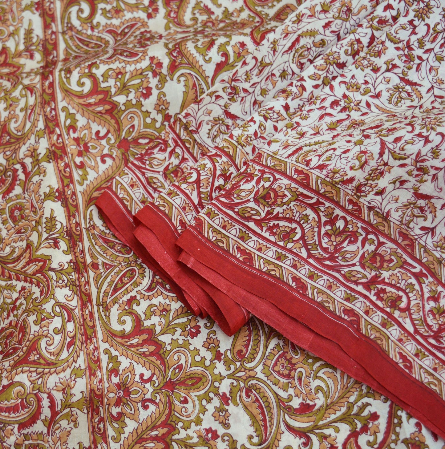 Indian Vintage Sari Off-White 100% Pure Silk Block Printed Saree Fabric 5yard Sewing Craft DressMaking Paisley