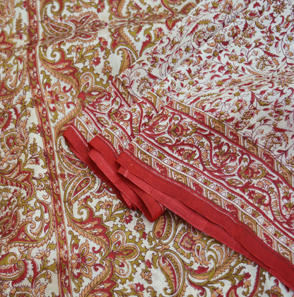 Indian Vintage Sari Off-White 100% Pure Silk Block Printed Saree Fabric 5yard Sewing Craft DressMaking Paisley