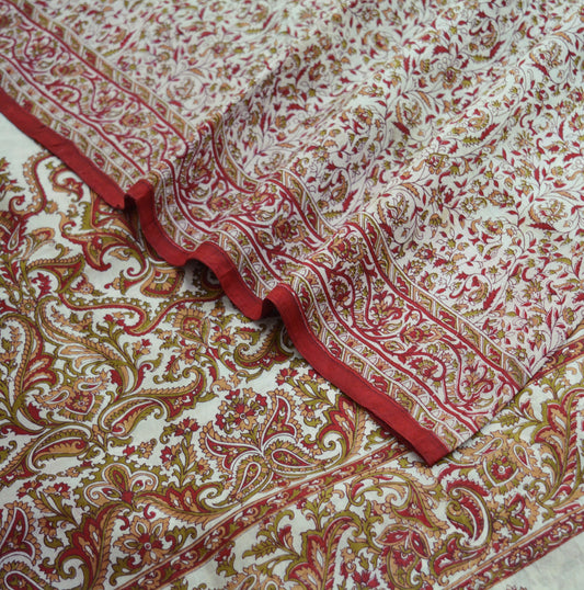 Indian Vintage Sari Off-White 100% Pure Silk Block Printed Saree Fabric 5yard Sewing Craft DressMaking Paisley