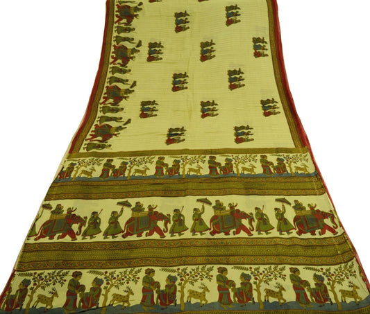 Indian Vintage Sari Beige Printed 100% Pure Cotton Saree Craft Soft Fabric 5Yard Sewing Sarong Wrap Humans Dears