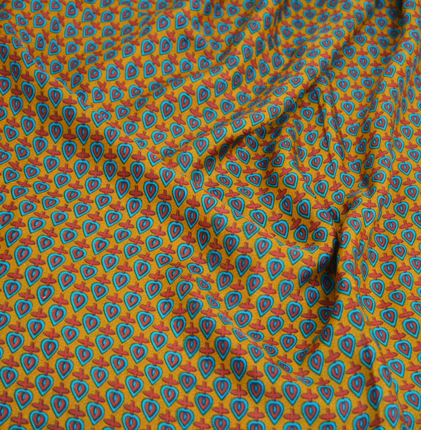 Indian Vintage Sari Saffron & Blue 100% Pure Silk Printed Saree Fabric 5yd Sewing Craft Fabric DressMaking Floral