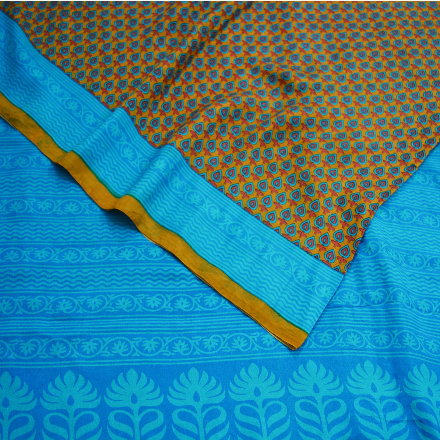 Indian Vintage Sari Saffron & Blue 100% Pure Silk Printed Saree Fabric 5yd Sewing Craft Fabric DressMaking Floral