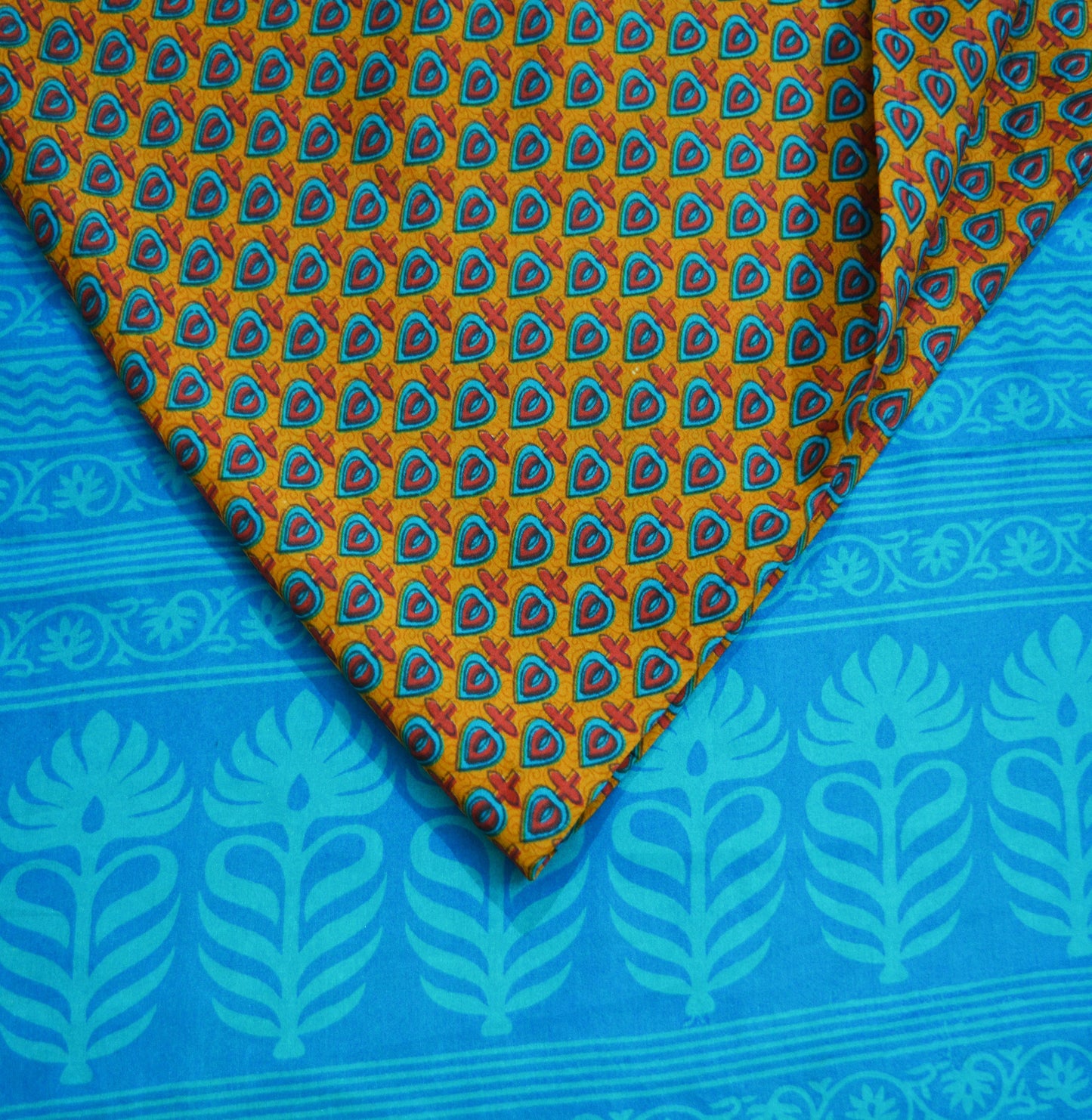 Indian Vintage Sari Saffron & Blue 100% Pure Silk Printed Saree Fabric 5yd Sewing Craft Fabric DressMaking Floral