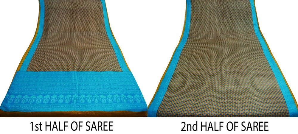 Indian Vintage Sari Saffron & Blue 100% Pure Silk Printed Saree Fabric 5yd Sewing Craft Fabric DressMaking Floral