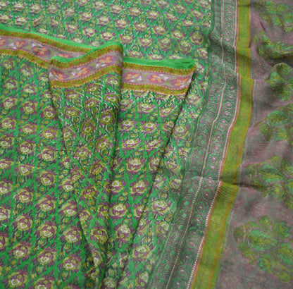 Women Vintage Sari Green Pure Chiffon Silk Printed Saree Craft Fabric Sewing 5Yard Soft Light Sari Dress Making