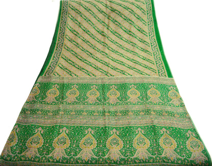 Indian Vintage Sari Ivory & Green Pure Silk Printed Saree Fabric 5yd Sewing Craft Fabric DressMaking Soft