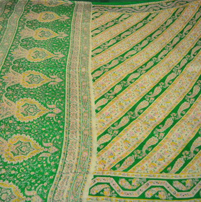 Indian Vintage Sari Ivory & Green Pure Silk Printed Saree Fabric 5yd Sewing Craft Fabric DressMaking Soft