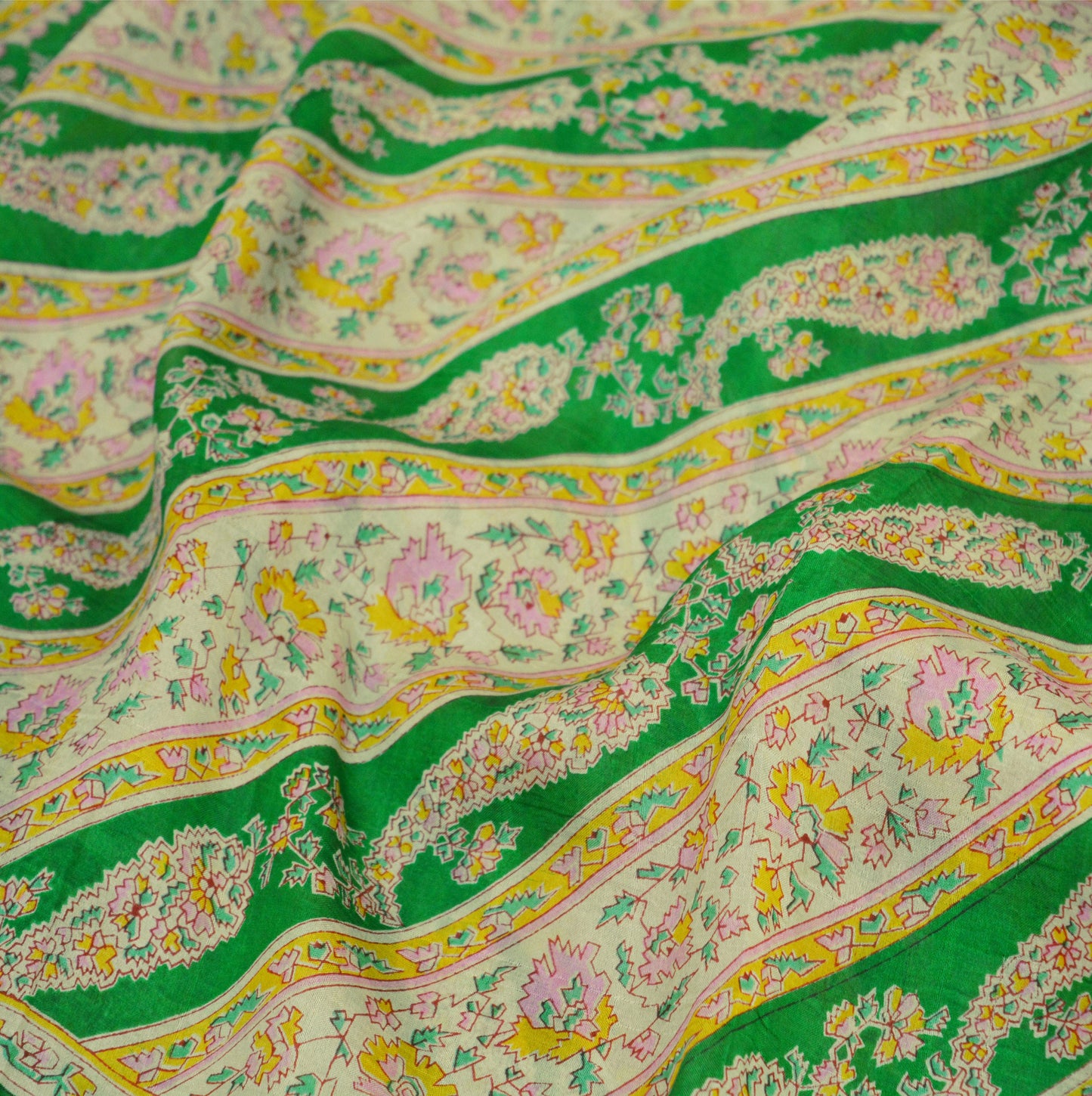 Indian Vintage Sari Ivory & Green Pure Silk Printed Saree Fabric 5yd Sewing Craft Fabric DressMaking Soft
