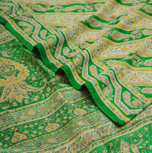 Indian Vintage Sari Ivory & Green Pure Silk Printed Saree Fabric 5yd Sewing Craft Fabric DressMaking Soft